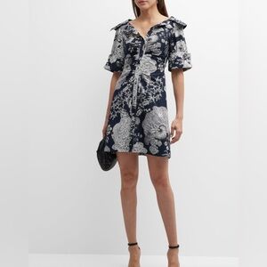 LELA ROSE OPEN NECK FLORAL-PRINT SHIRTDRESS IN NAVY, SIZE 2